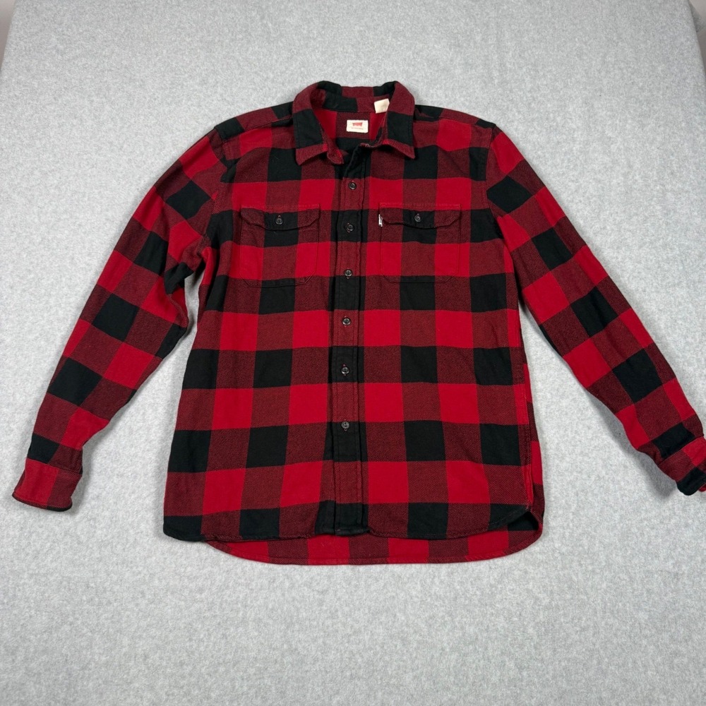 Levis Mens XL Red Black Buffalo Plaid Flannel Grunge Button Up Shirt Long Sleeve